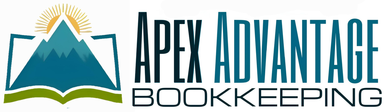 Apex Advantage Logo - Blue mountain peak over an open green book with a yellow sun